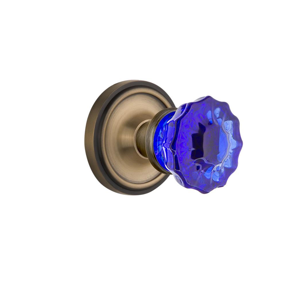 Nostalgic Warehouse CLACRC Colored Crystal Classic Rosette Single Dummy Crystal Cobalt Glass Door Knob in Antique Brass